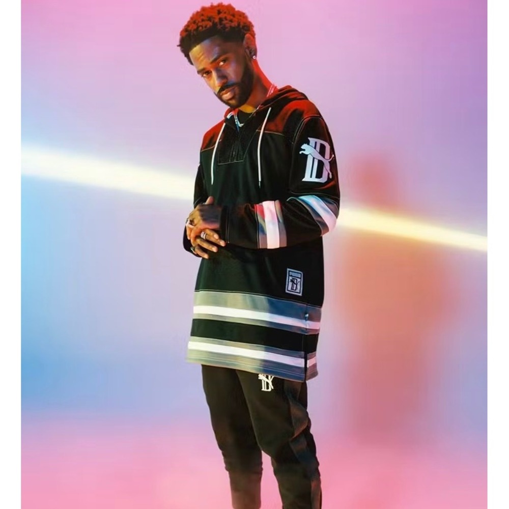 Puma Big Sean Hockey Jersey Hoodie Mens Large Black Striped 1/4 Zip NWOT